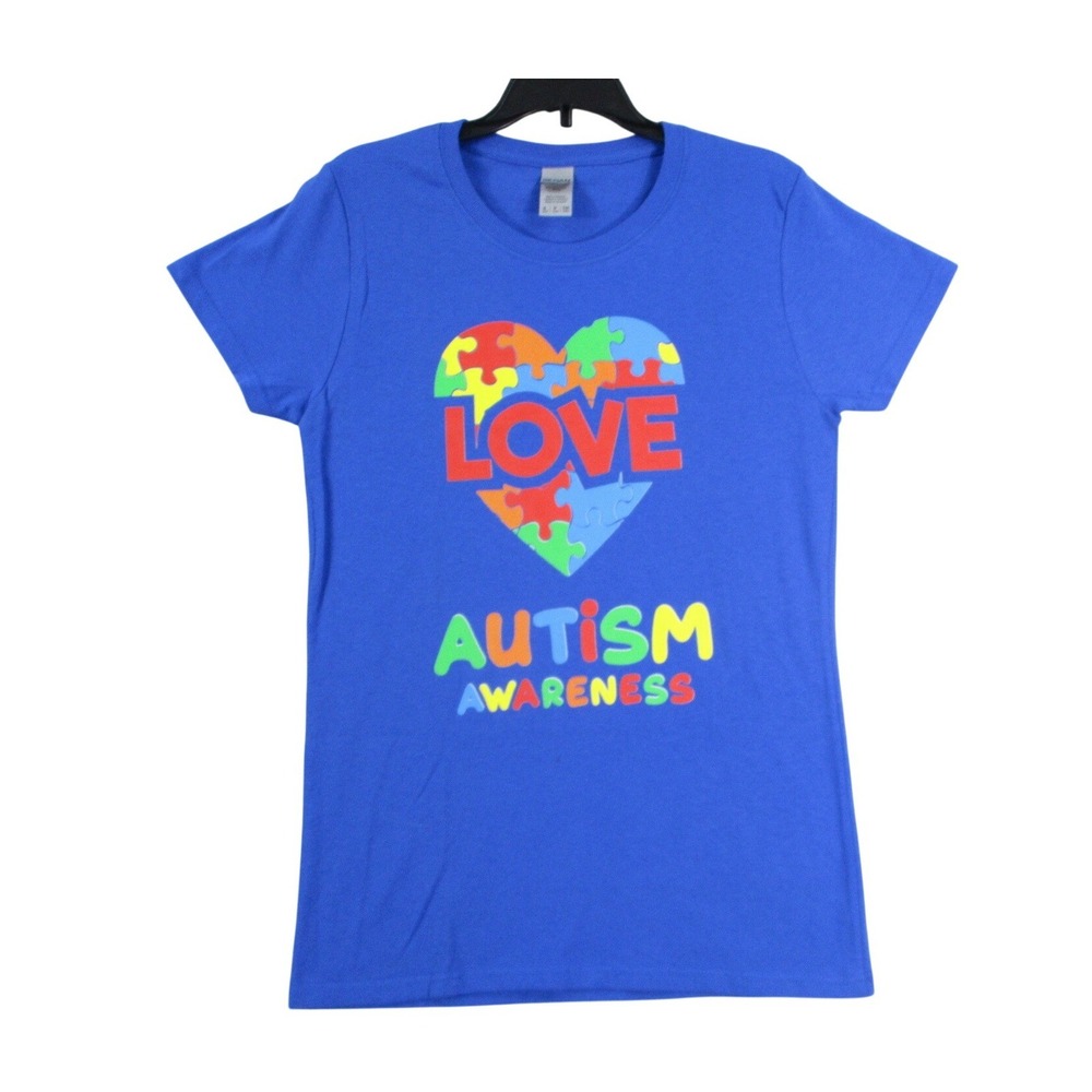 Gildan Autism Awareness Love Puzzle Heart Royal Blue Graphic T-Shirt Kids Small